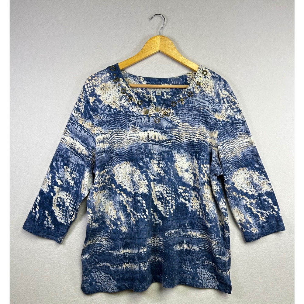 Samantha Grey Blue Snake Print Embellished 3/4 Sleeve Top Women's‎